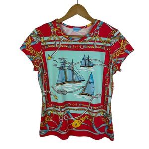 J‎ McLaughlin Nautical Sailboat Print Tee Medium Red Catalina Cloth Coastal Slim